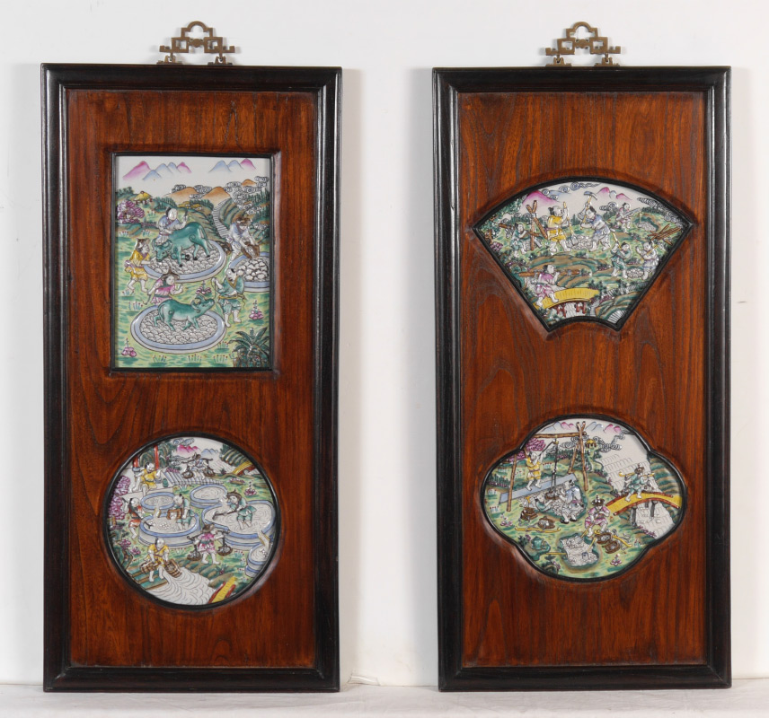 Appraisal: CHINESE POLYCHROME DECORATED CERAMIC PLAQUES framed plaques each with polychrome