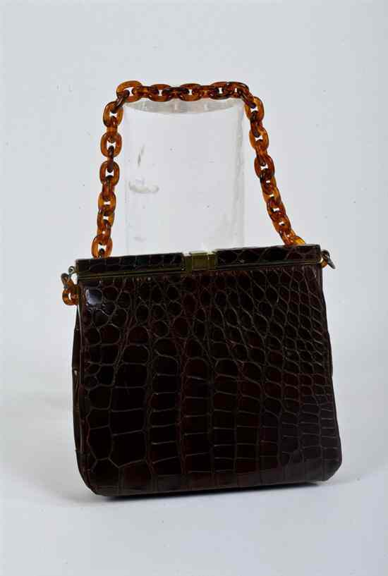 Appraisal: VINTAGE BELLESTONE CHOCOLATE BROWN ALLIGATOR HANDBAG s With faux tortoiseshell