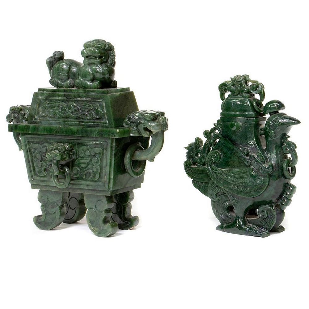 Appraisal: Two Carved Jade Covered Jars th Century Each censer of