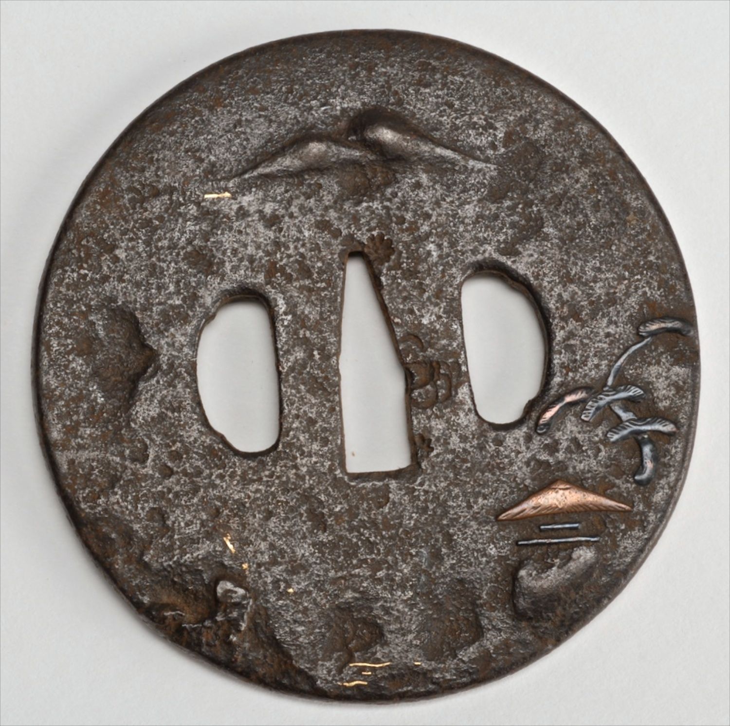 Appraisal: INLAID IRON SHIN NO MARU-GATA TSUBA th CenturyWith landscape design