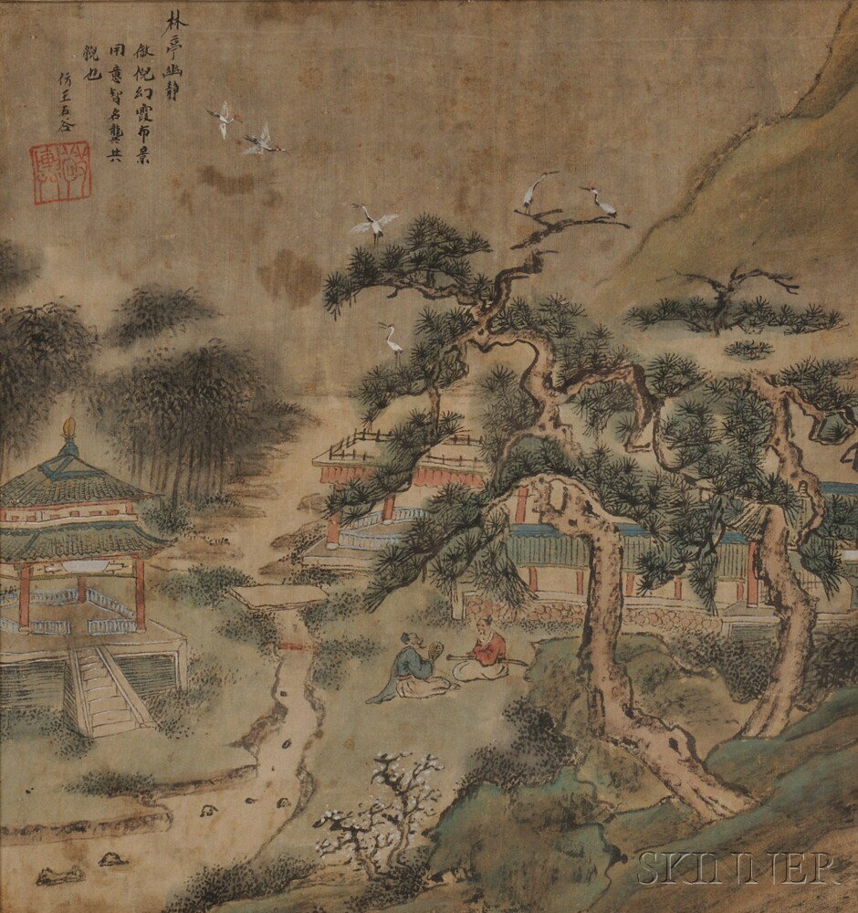 Appraisal: Painting Depicting a Landscape China th century with two scholar-recluses