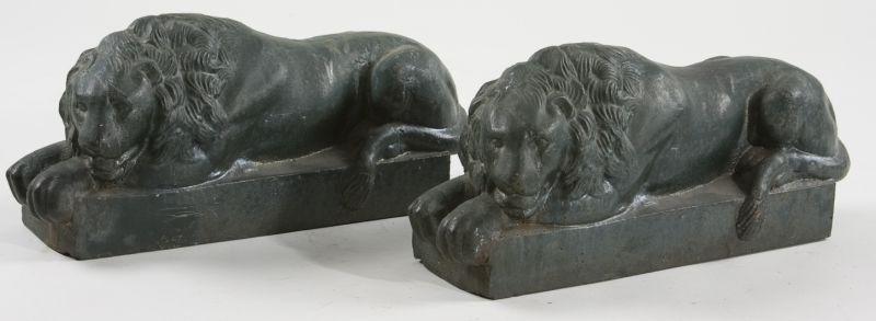 Appraisal: Pair of Cast Iron Recumbent Lions ca old dark green