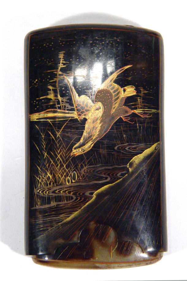 Appraisal: Oriental lacquered cigar case gilded with a bird amongst mountains