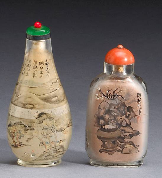 Appraisal: Two inside painted snuff bottles th Century Each signed Zhou