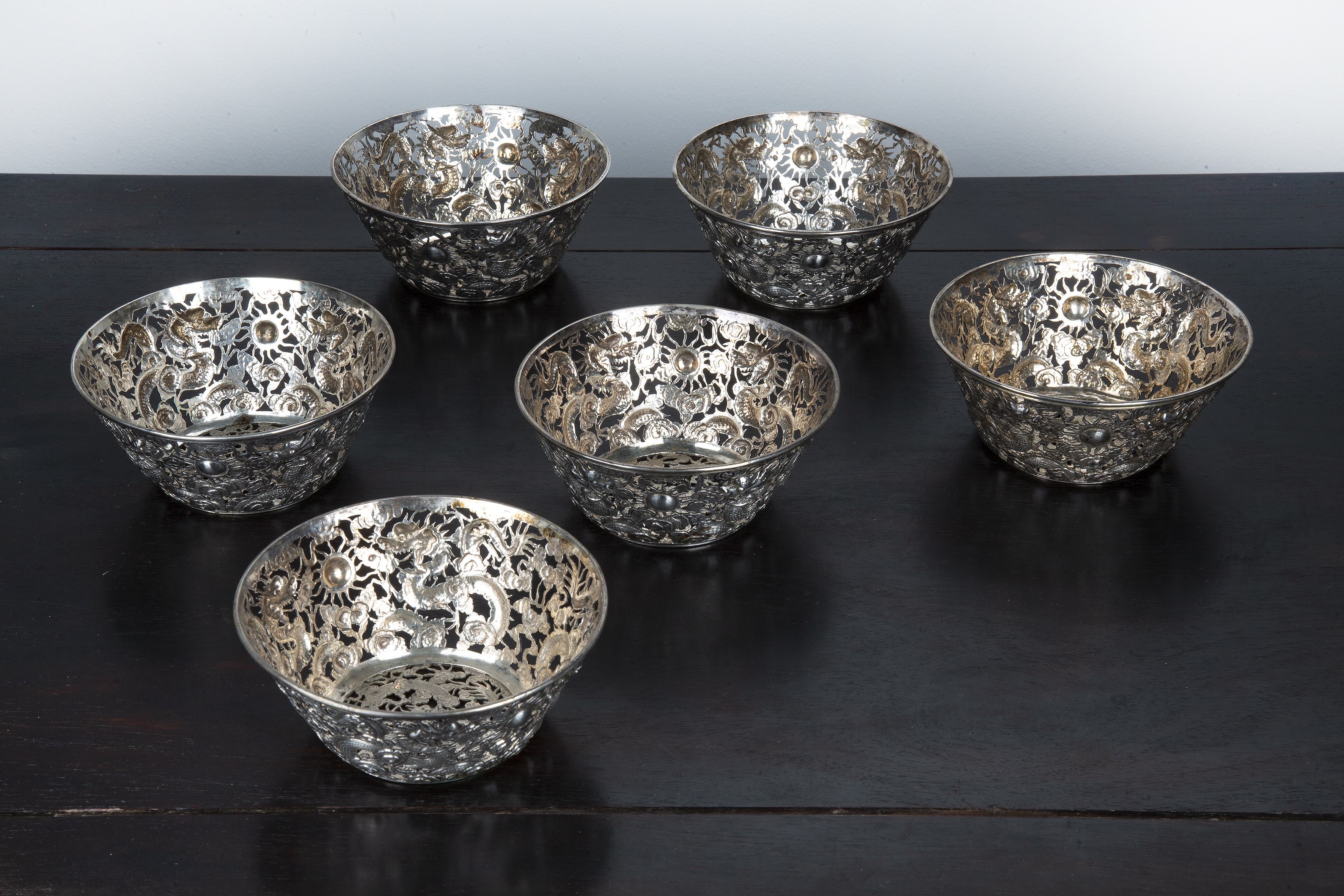 Appraisal: Set of six white metal silver openwork bowlsChinese circa each