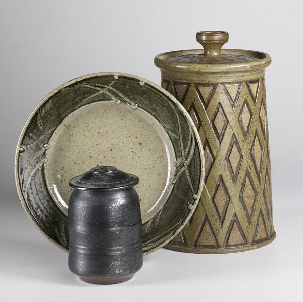 Appraisal: RICHARD LANG Three pieces of stoneware two covered jars and