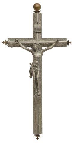 Appraisal: Continental silver plate crucifix th c cylindrical-form cross adorned with