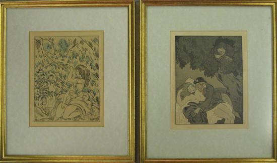 Appraisal: The Voyeur Peeping Tom coloured etchings both indistinctly signed x