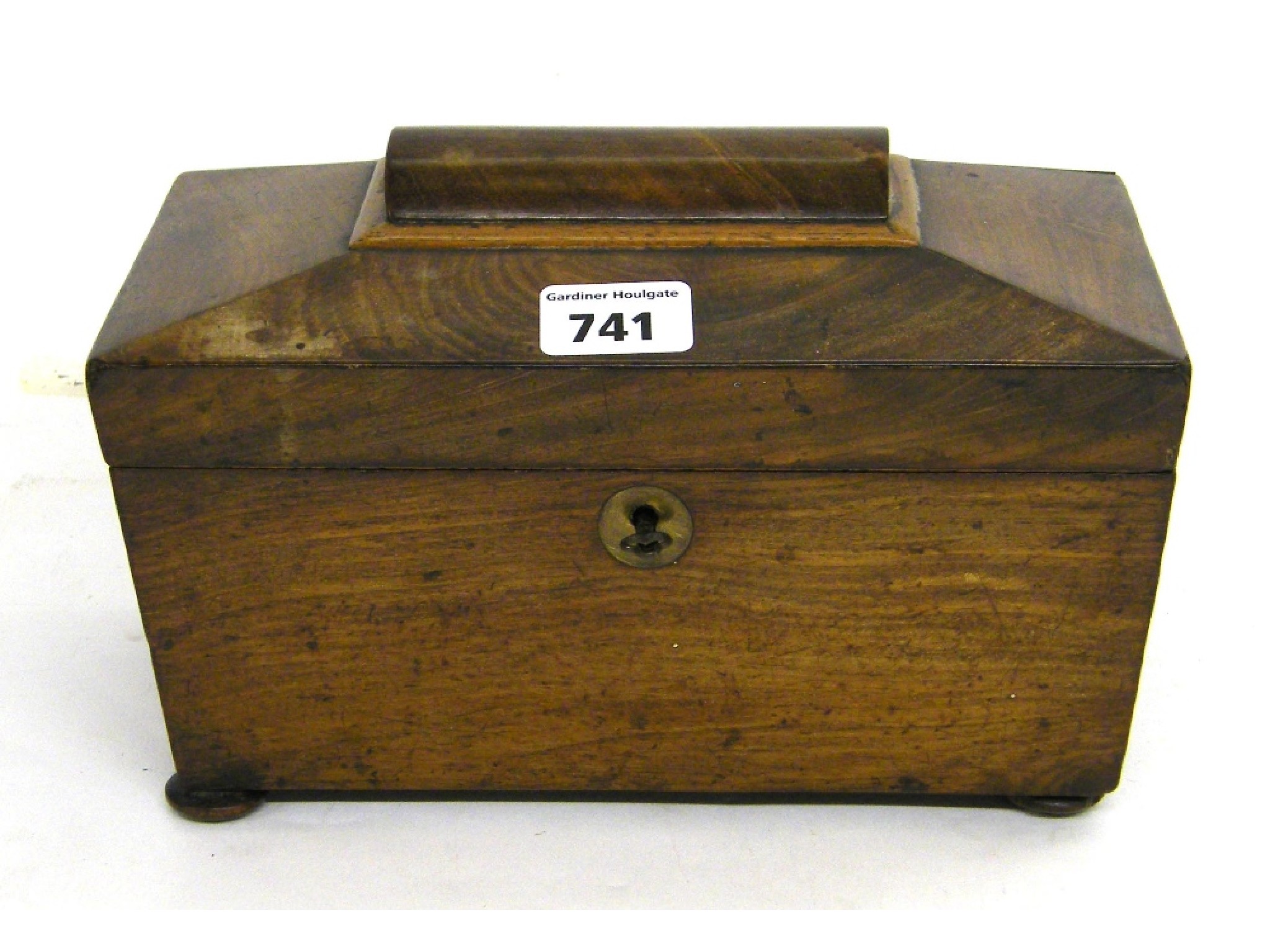 Appraisal: Antique walnut sarcophagus tea caddy the hinge lid enclosing a