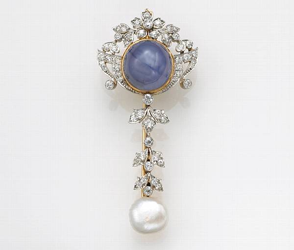 Appraisal: A star sapphire cultured pearl diamond and platinum-topped brooch