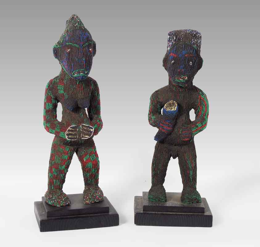 Appraisal: CARVED AFRICAN PAIR CAMEROON BEADED FIGURES BOTH AT LBS ''