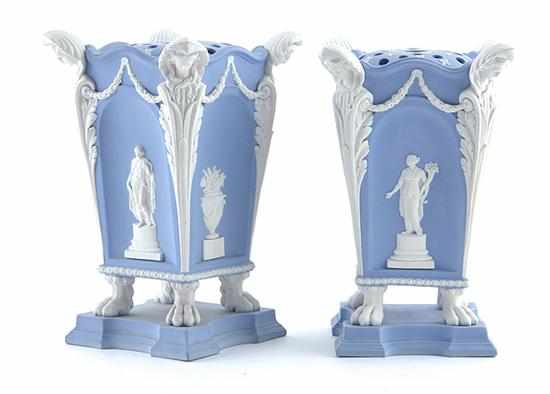 Appraisal: Pair Wedgwood jasperware potpourri urns late th century shaped tapered