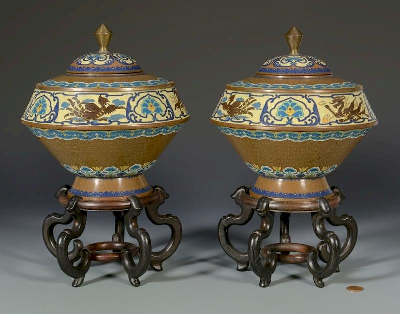 Appraisal: Pr Asian Cloisonne Covered Vases Pair of cloisonne covered vases