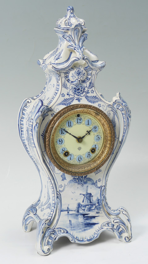 Appraisal: ANSONIA ROYAL BONN DELFT PORCELAIN CLOCK Blue and white decorated