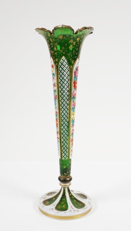 Appraisal: Moser style hand painted green glass trumpet vase Approx x