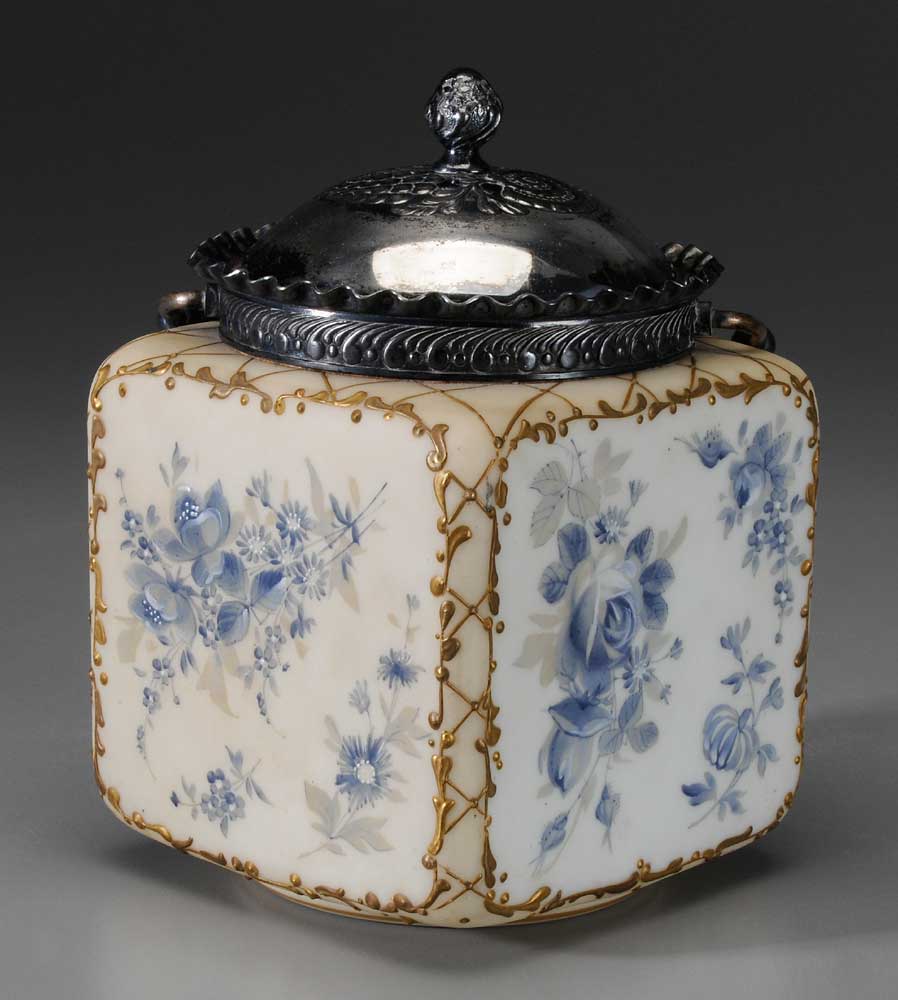 Appraisal: Mt Washington Biscuit Box American th century blue-painted floral decoration