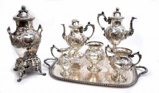 Appraisal: ORNATE LANDSCAPE SILVERPLATE TEA COFFEE SET lot of Repousse chased