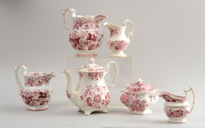 Appraisal: SIX STAFFORDSHIRE FLORAL-DECORATED RED TRANSFER-PRINTED ARTICLES Comprising a coffee pot