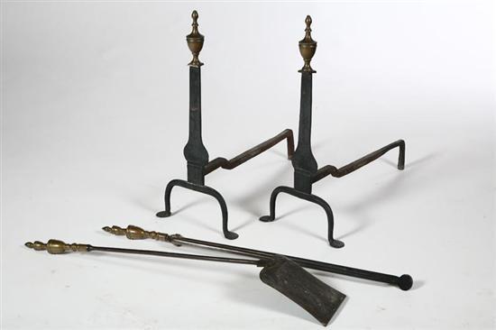 Appraisal: PAIR OF KNIFE BLADE ANDIRONS WITH FIREPLACE TOOLS American last