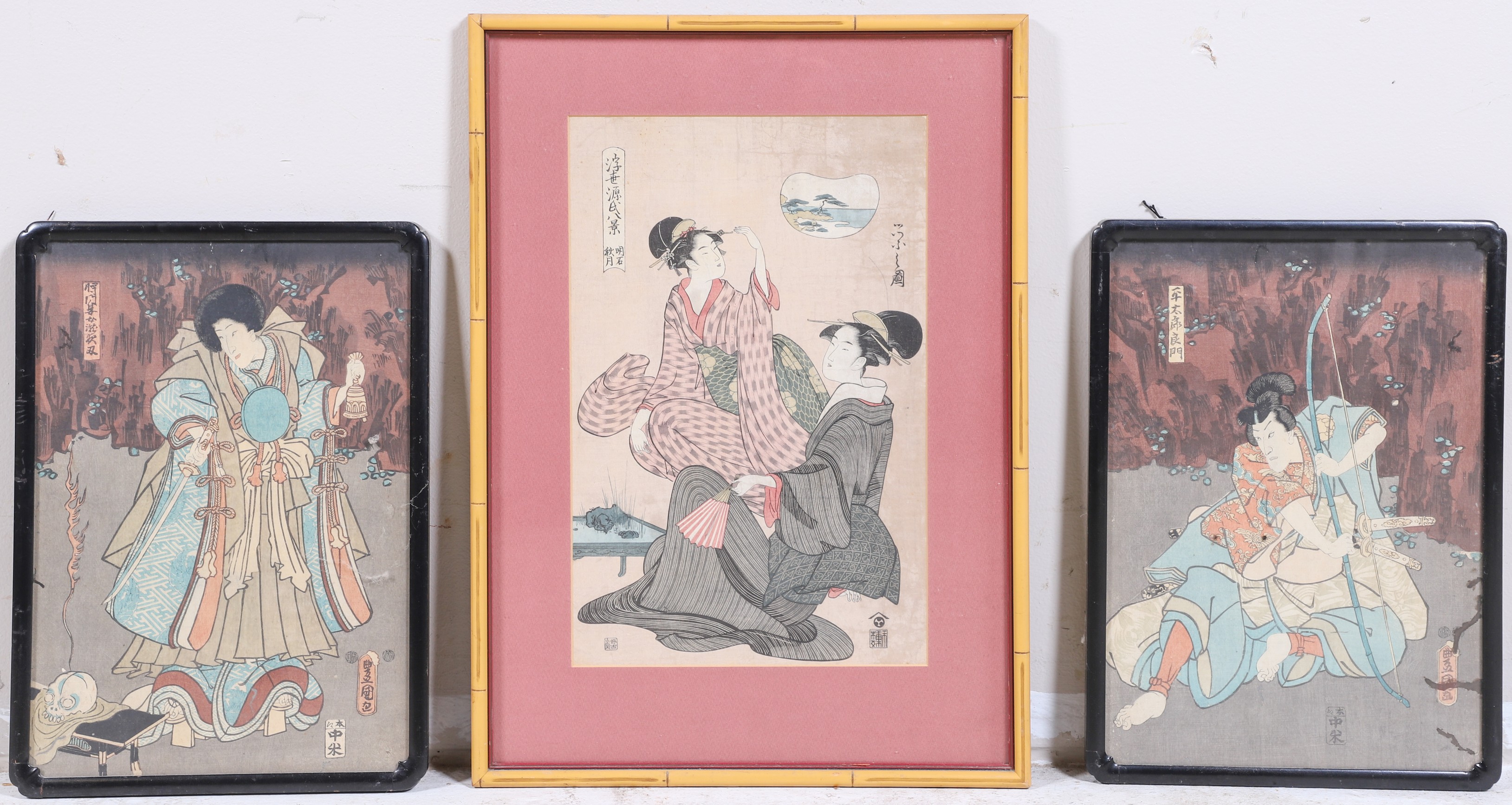 Appraisal: Japanese Woodblock Prints depicting woman and warriors largest framed size