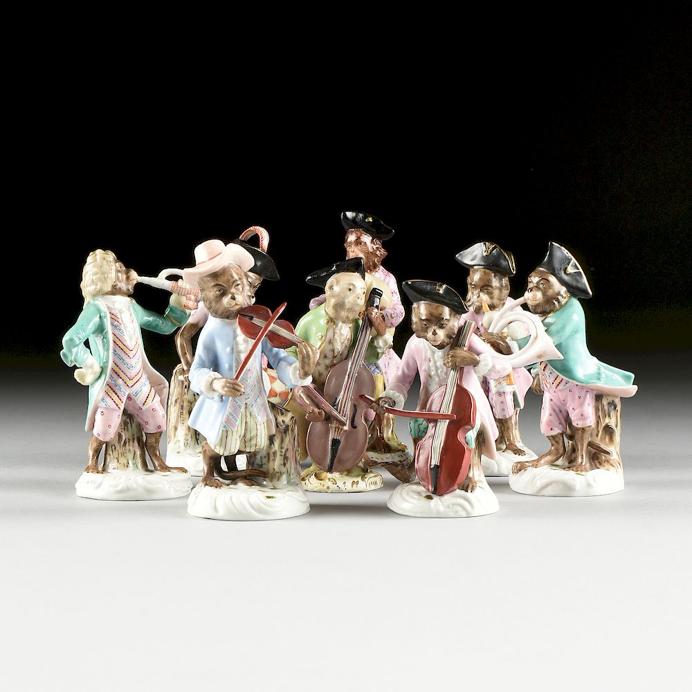 Appraisal: A GROUP OF EIGHT DRESDEN PORCELAIN MONKEY BAND FIGURES UNDERGLAZE