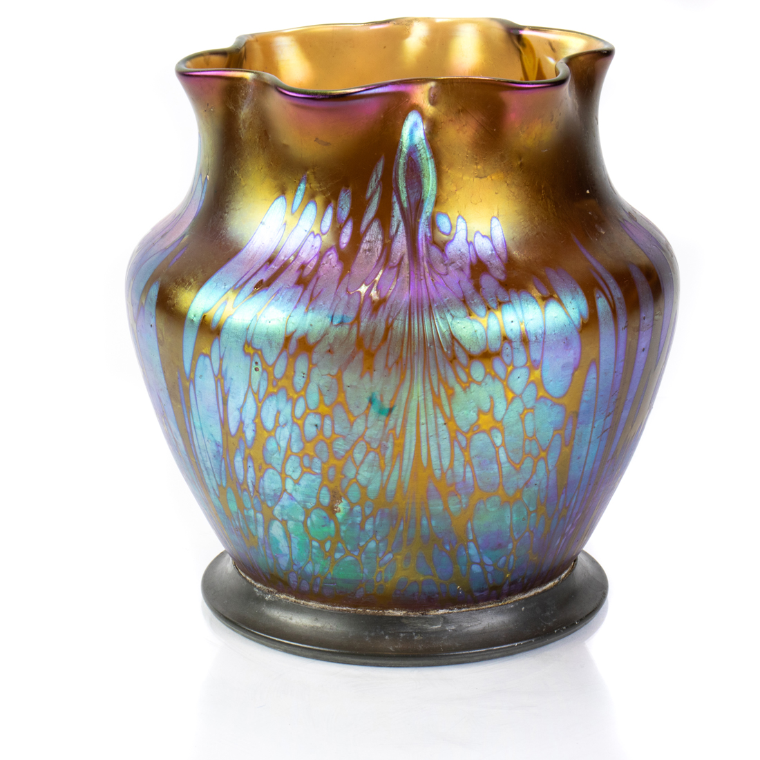 Appraisal: A LOETZ TYPE IRIDESCENT GLASS PEWTER MOUNTED VASE A Loetz