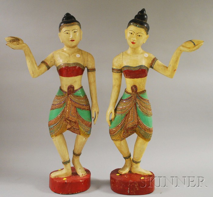 Appraisal: Pair of Asian Carved and Painted Wooden Figures ht in