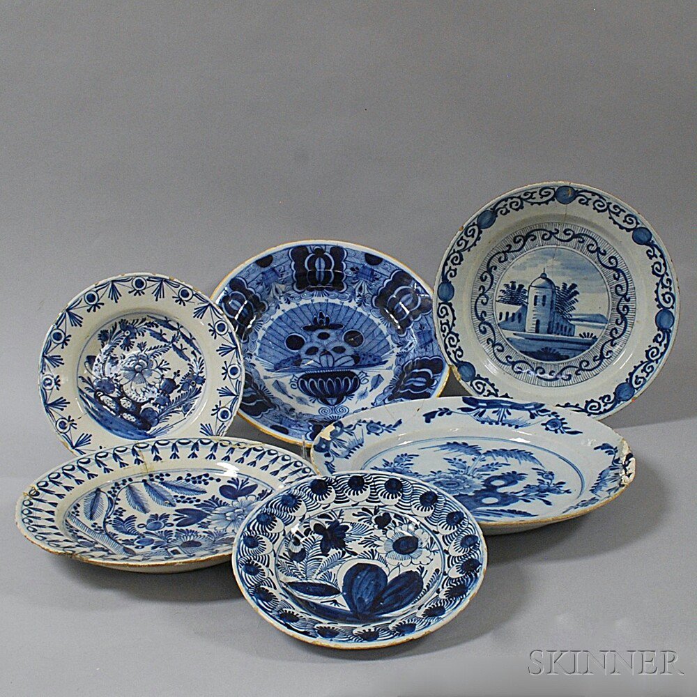 Appraisal: Six Delft Blue and White Plates and Chargers Holland th