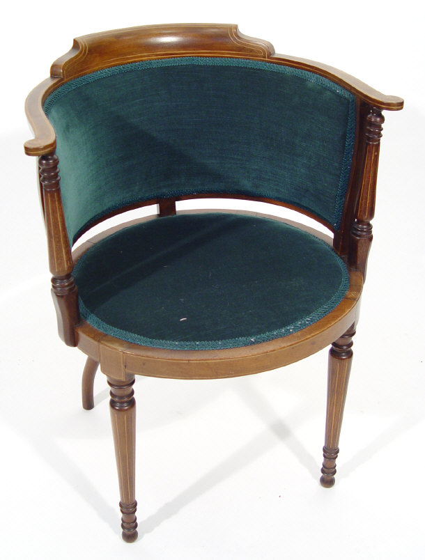 Appraisal: Victorian inlaid mahogany tub chair with blue upholstery on turned