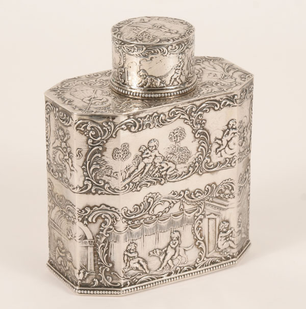 Appraisal: German silver repousse tea caddy the body and lid extensively