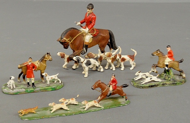 Appraisal: - Four cold painted bronze fox hunting figural groups largest