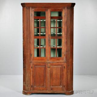 Appraisal: Carved Pine Glazed Corner Cupboard possibly New England c the