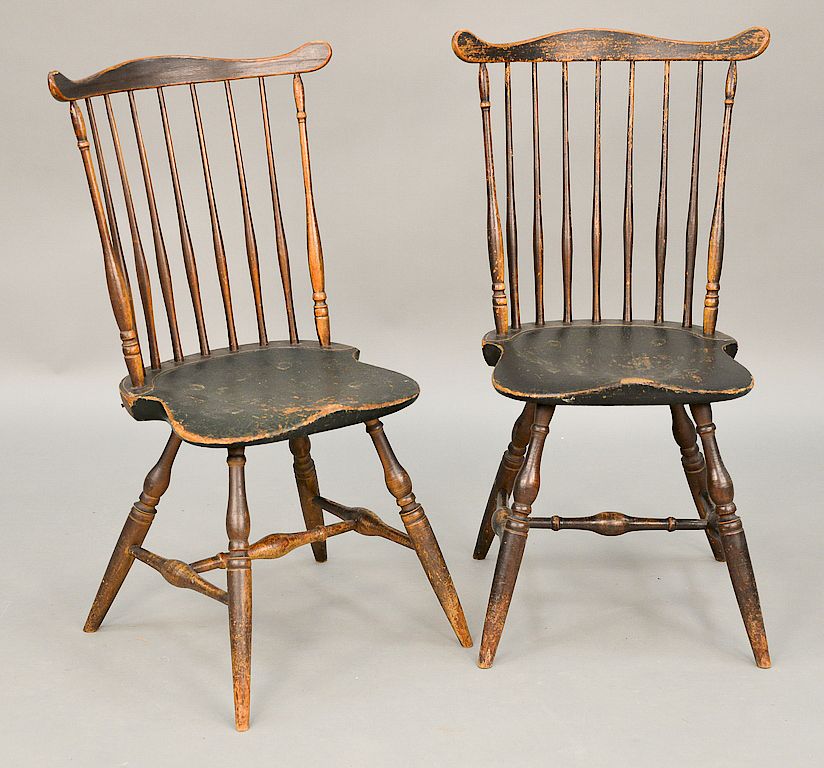 Appraisal: Pair of fanback Windsor side chairs having original brown painted