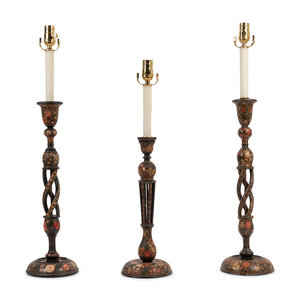 Appraisal: Three Kashmiri Candlesticks Mounted as Lamps Height of tallest example