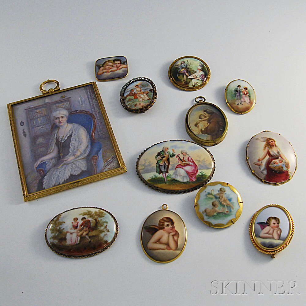 Appraisal: Twelve Mostly Hand-painted Brooches including a presentation portrait miniature dated