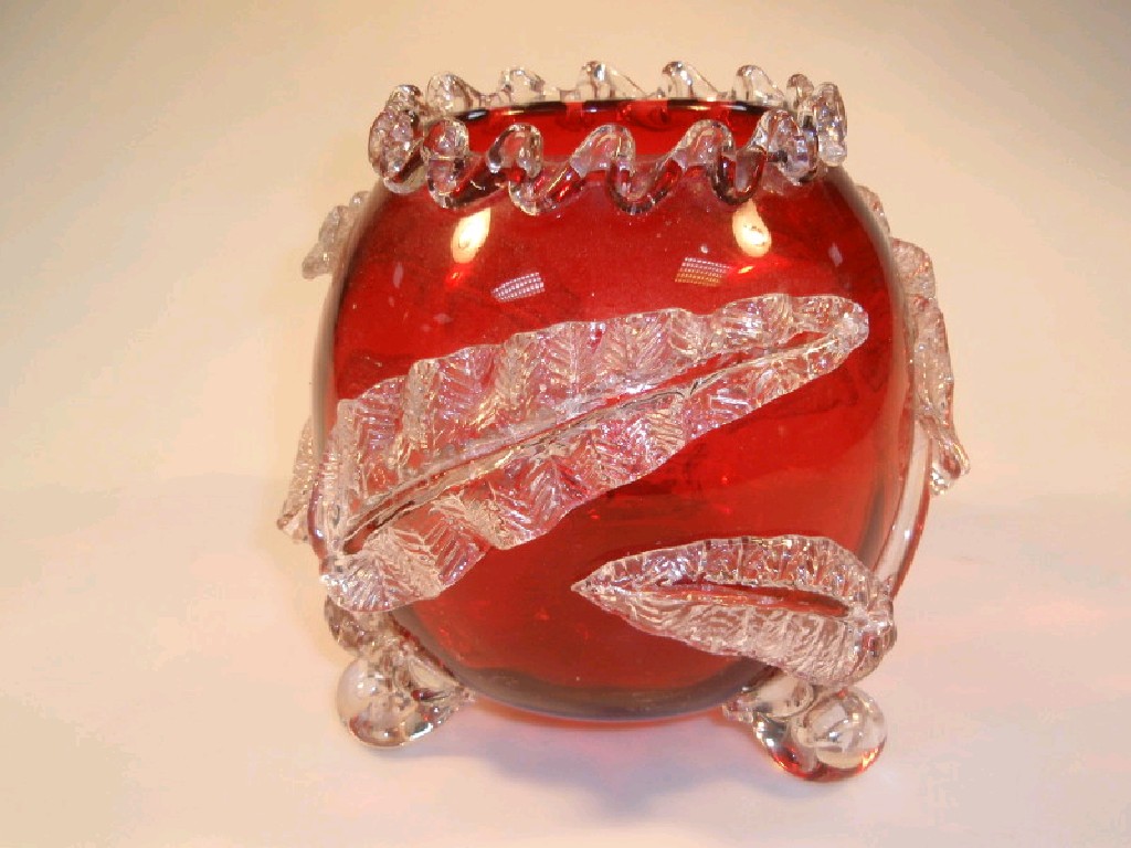 Appraisal: A mid thC cranberry glass spherical bowl with a clear