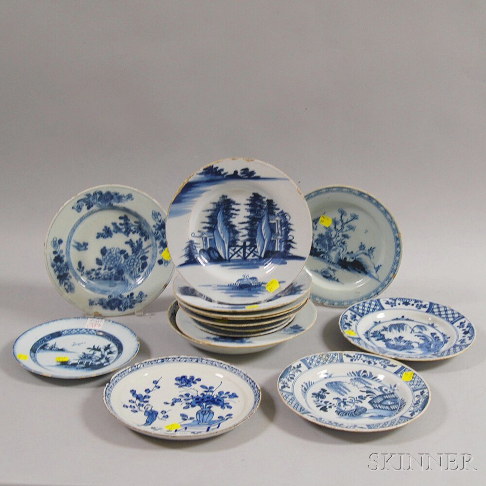 Appraisal: Fifteen Mostly Blue and White Chinoiserie-decorated English Delft Plates th