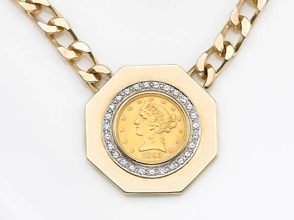 Appraisal: A gold coin diamond and fourteen karat gold pendant necklace