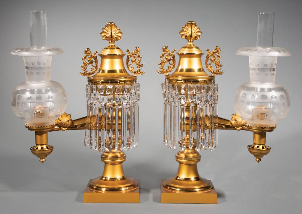 Appraisal: Pair of American Gilt Brass Argand Lamps th c matte