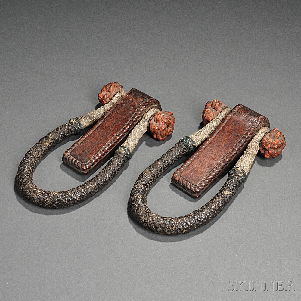 Appraisal: Pair of Carved Mahogany and Painted Rope Becket Handles America