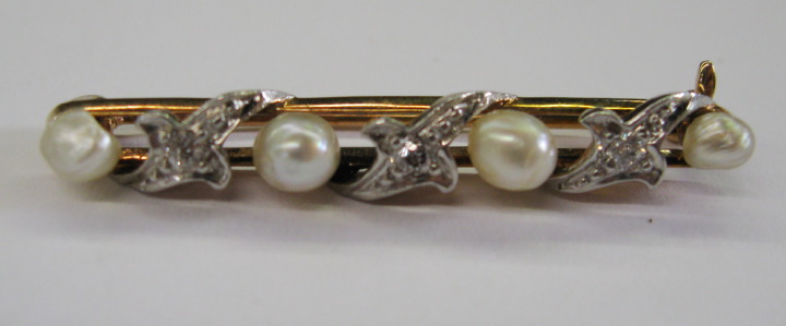 Appraisal: American Fourteen-Karat Yellow Gold Pearl and Diamond Lingerie Pin of