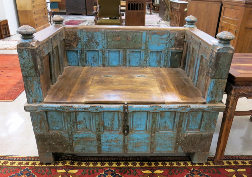 Appraisal: PAINT DECORATED MAHOGANY PITARA BOX SETTEE ON WHEELS India th