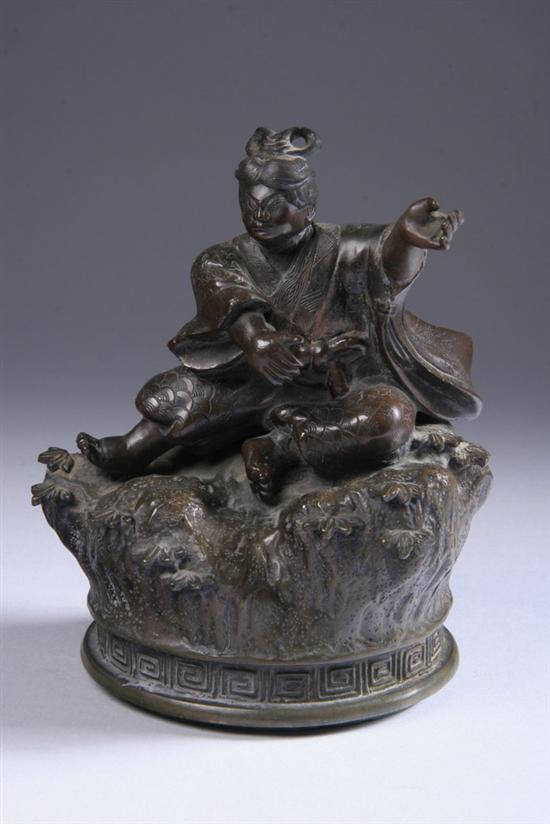 Appraisal: JAPANESE BRONZE FIGURE OF SAMURAI th century Seated on foliate