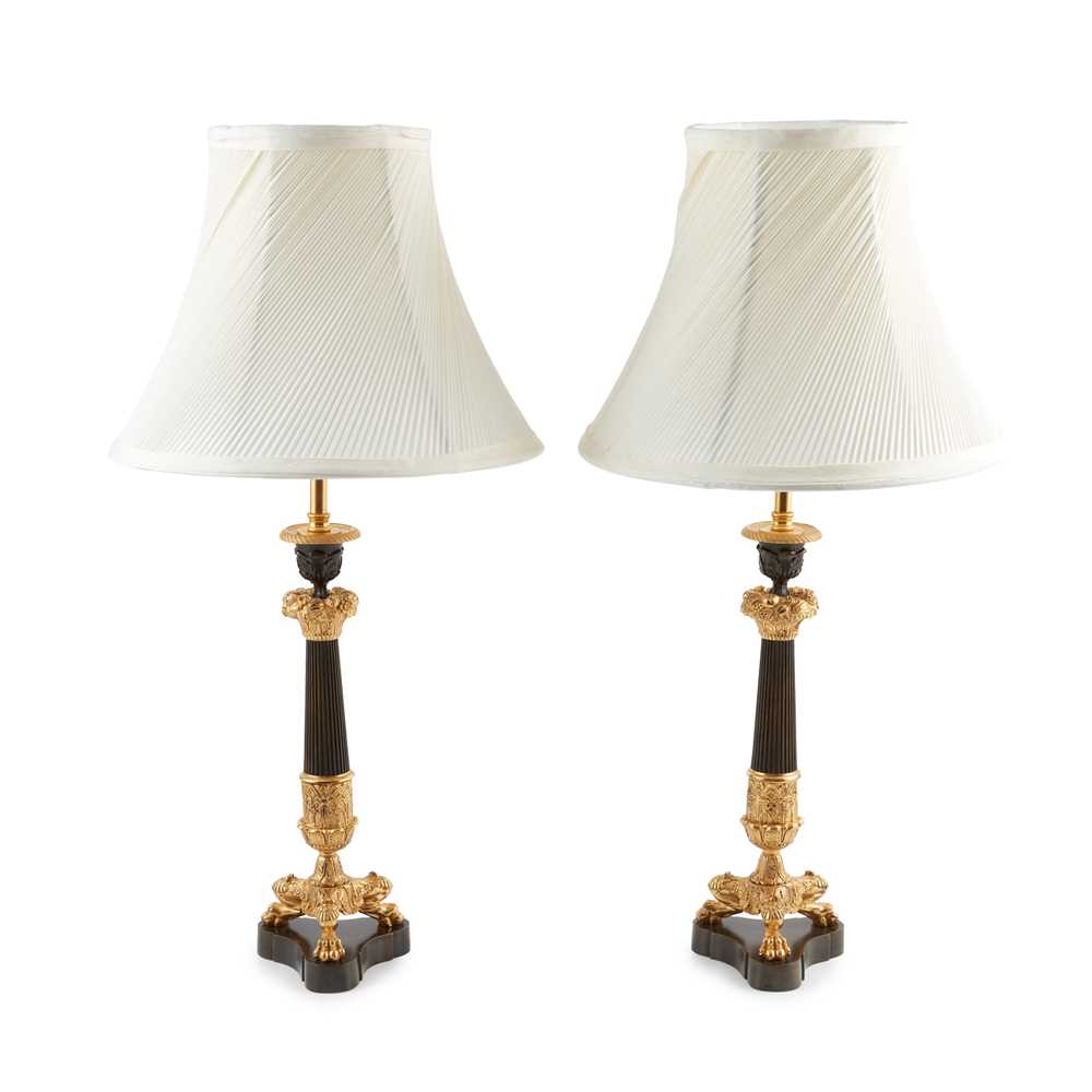 Appraisal: PAIR OF REGENCY PATINATED AND GILT BRONZE LAMPS EARLY TH