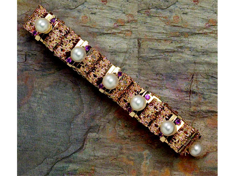 Appraisal: PEARL AND RUBY BRACELET k yellow gold bracelet with polished