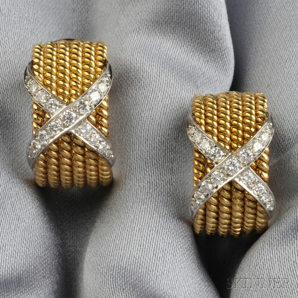 Appraisal: kt Gold and Diamond Rope Earclips Schlumberger Tiffany Co with