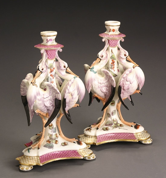 Appraisal: Pair of H chst-Style Ornithological Candlesticks Circa Each having a