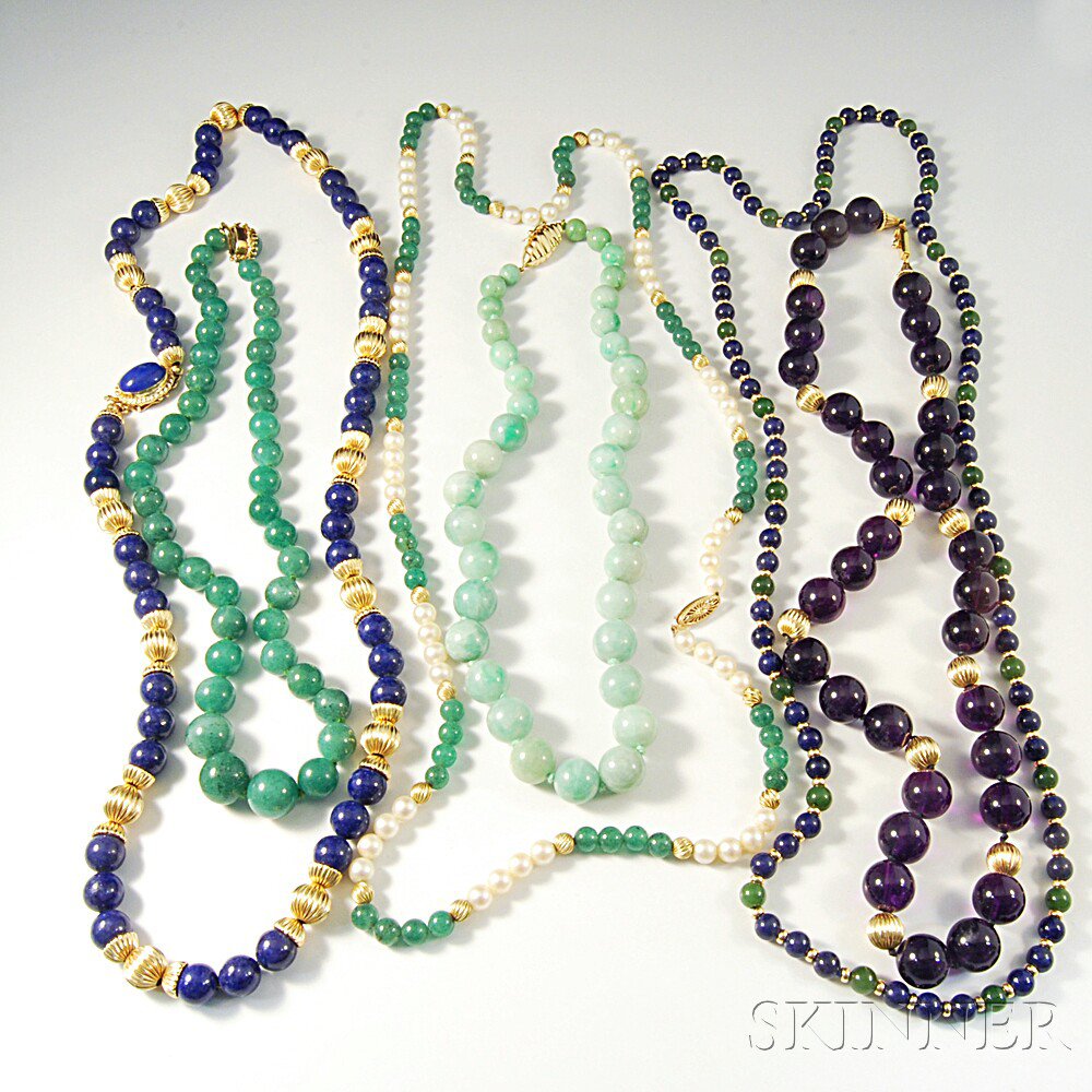 Appraisal: Six Hardstone Bead Necklaces five with kt gold clasps Estimate