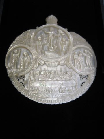 Appraisal: Carved Abalone Shell Plaque various religiousscenes including the last supper