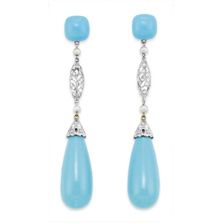 Appraisal: Pair of White Gold Turquoise Seed Pearl and Diamond Pendant-Earrings